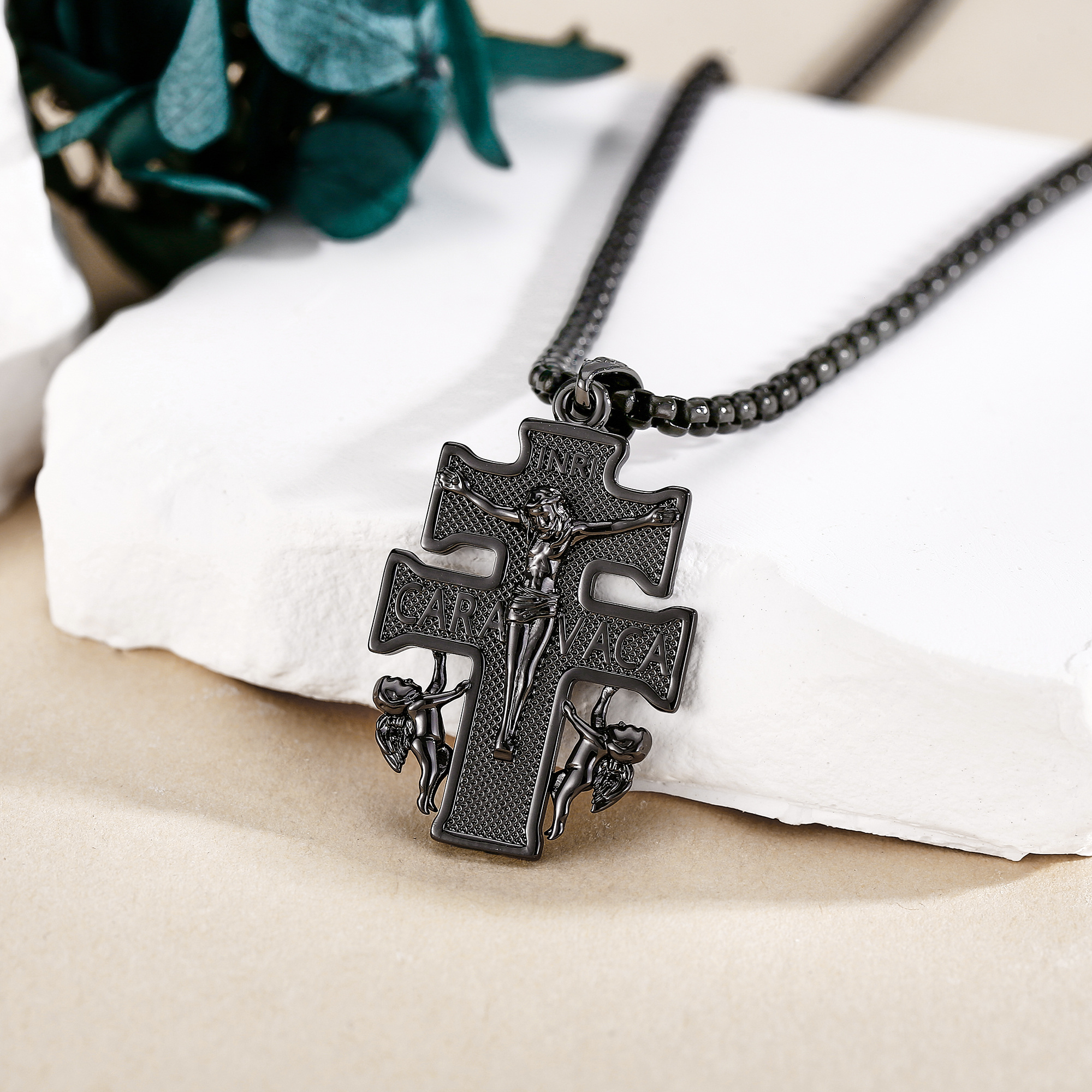 925 Sterling Silver Gunmetal Plated Cruz de Caravaca Necklace